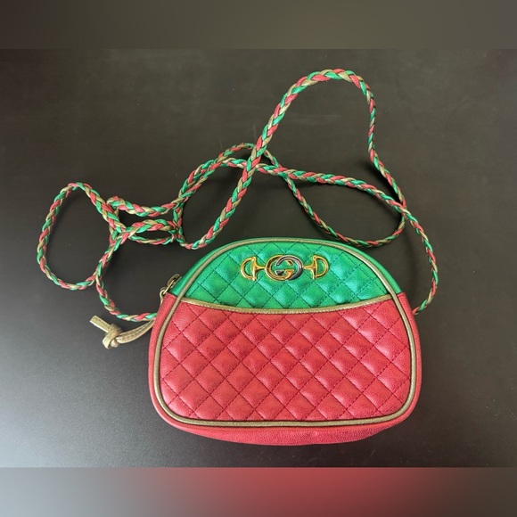 GUCCI TRAPUNTATA Red Green METALLIC QUILTED Leather Mini Crossbody 💯 Authentic - Picture 2 of 12